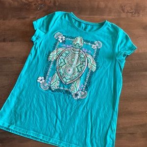 Girls, turquoise graphic turtle tee